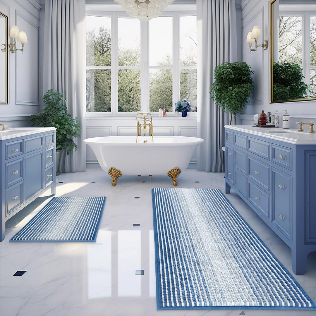 BSICPRO Bathroom Rugs and Mats Sets, 2 Piece Thick Absorbent Chenille Bath Mat Rug Set Non Slip, Soft Shaggy Bath Room Floor Mats for Bathroom, Machine Washable (Sky Blue, 20" x 47" Plus 16" x 24")