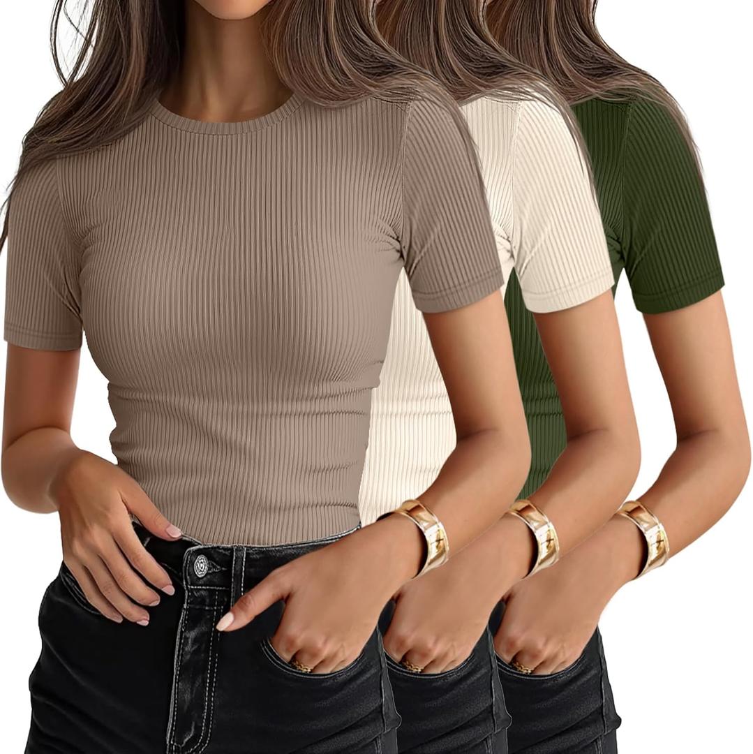 Ficerd 3 Pack Women's Ribbed T-Shirts, Cotton Short Sleeve Basic Tees Crewneck Fitted Tops Casual Shirts 2026 Summer Trendy (L)