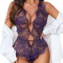 Avidlove Women One Piece Lingerie Lace Bodysuit Deep V Teddy Mini Babydoll (X-Large, Dark Purple)