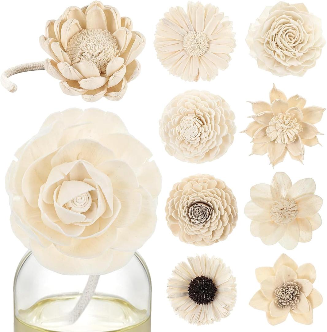 Waydress 15 Pieces Diffuser Mixed Sola Flowers Natural Material Aromatherapy Reed Wood Flowers Decorative Aromatherapy Flower Placement Refill Wood Flower Diffuser with Rope (White,3.15-3.35 Inches)