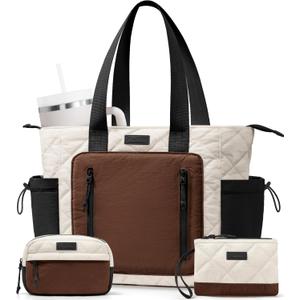 Bagstellar Puffer Tote Bag for Women, Lightweight Puffy Work Laptop Handbag Teacher Nurse Quilted School Daily Travel Gym Bag | Daily Carry On Bags, Comfy College Bags, 15.6" Computer Bag, Clinical Nursing Bag, 40 OZ Tumbler Holder, Ideal Gift for Women (Cream-brown-black)