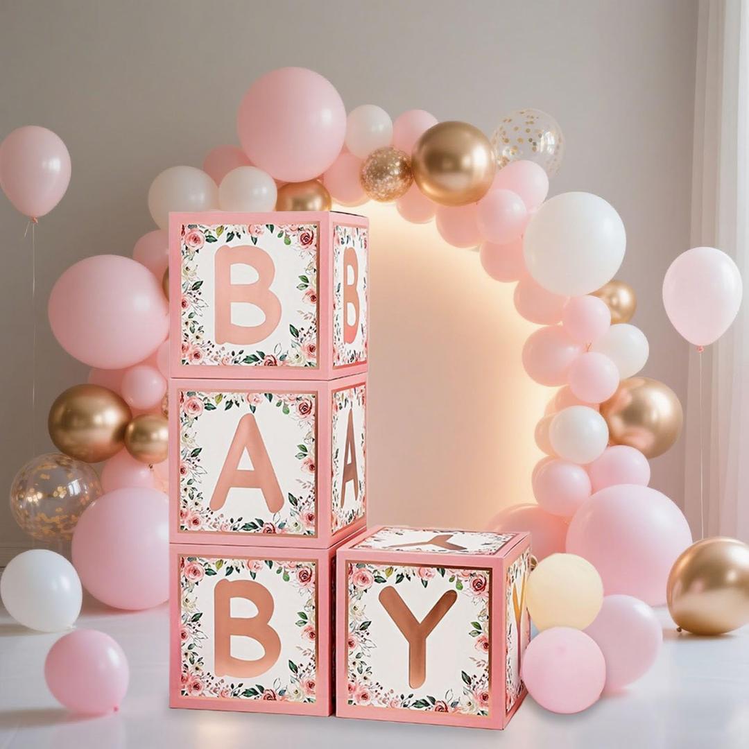 Baby Shower Decorations, Pink Baby Boxes with Letters, 4pcs Floral Baby Shower Decorations for Boy Girl, Balloon Boxes for Gender Reveal Birthday Party Supplies (Pink)