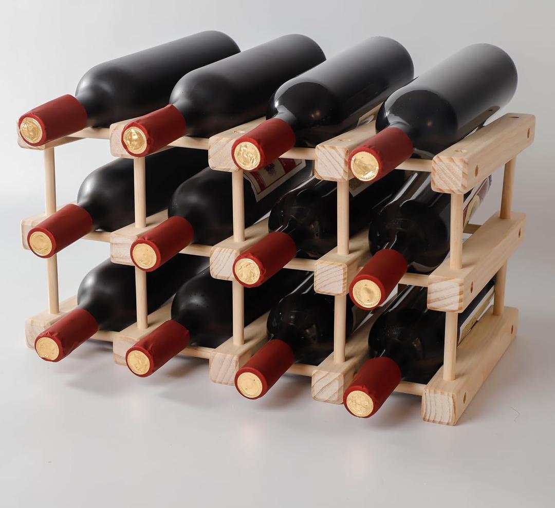 Countertop Wine Rack, 12 Bottles Wooden Freestanding Wine Bottle Holder, 3 Tiers Countertop Wine Storage Shelf for Cabinet, Pantry Bar, Kitchen & Dining Room