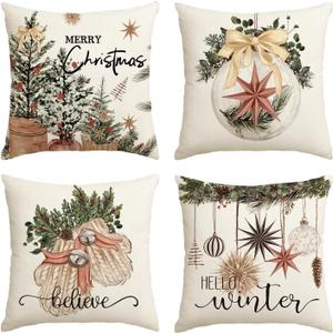 AVOIN colorlife Merry Christmas Balls Eucalyptus Holly Berries Gloves Throw Pillow Covers, 18 x 18 Inch Xmas Winter Holiday Cushion Case Decoration for Sofa Couch Set of 4
