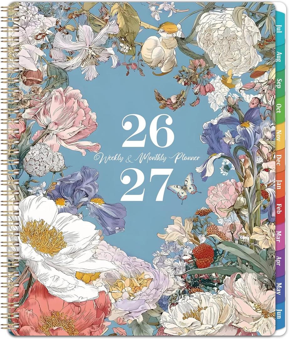 Planner 2026-2027 - Academic Planner, July 2026 - June 2027, 2026-2027 Planners Weekly and Monthly, 8.5" x 11", Colorful Monthly Tabs, Storage Pocket, Spiral Bound for School Office Home - Floral