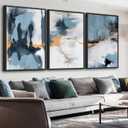 Large Framed Canvas Wall Art, Coastal Blue White Abstract Prints, 16"x24"x3, 16" X 24" X 3pcs Framed