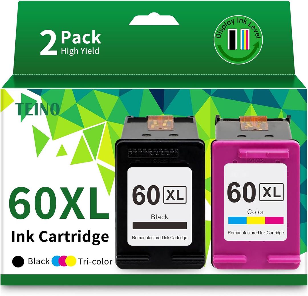 TEINO Remanufactured Ink Cartridge Replacement for HP 60 XL 60XL for PhotoSmart C4780 C4795 C4680 C4650 D110 D110a DeskJet F4480 F4280 F4580 D2530 D2545 Envy 100 Printer (Black, Tri-Color, 2-Pack)