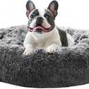 JOLLYVOGUE Calming Dog Beds Large Sized Dog, 36in Donut Washable Large Pet Bed, Anti-Slip & Anti-Anxiety Fluffy Faux Fur Round Dogs Bed, Fits up to 80 lbs Pets (Smoke Black)