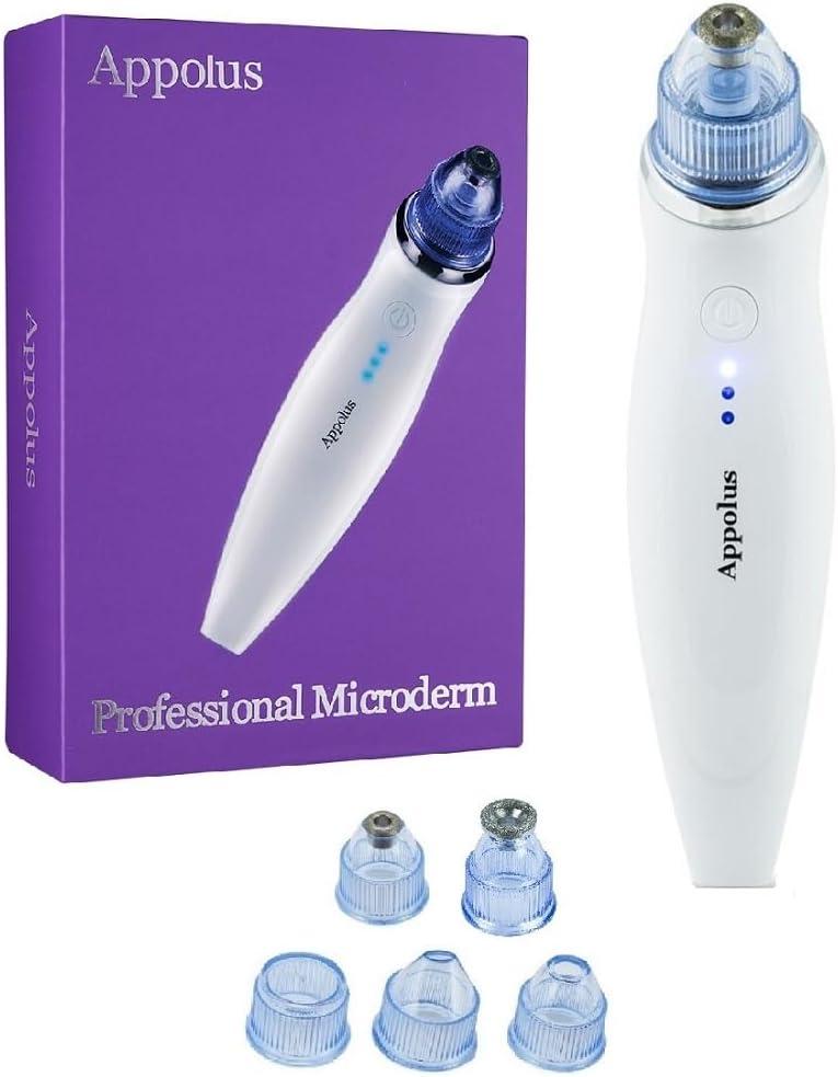 Microdermabrasion Machine - Appolus Premium Diamond Microdermabrasion Device Tool - 2 Diamond Tips - 5 Heads - Blackhead Blemishes Remover - Pores Fine Lines Minimizer (White)