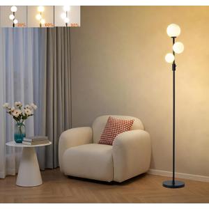 Fiqevs Upgraded Dimmable 3 Globe Mid Century Modern Floor Lamp, 3 x 3000K Warm Light LED Bulbs Included, Matt Black Standing Lamp with Sphere Glass Shade, Vintage Tall Lamp for Living Room, Bedroom