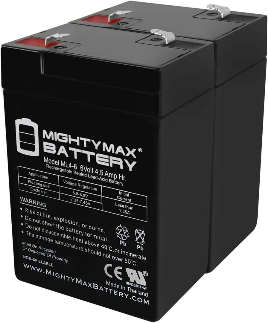Mighty Max Battery ML4-6 - 6 Volt 4.5 AH SLA Battery - 2 Pack