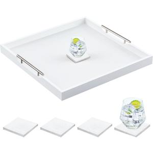 Large Square Ottoman Tray 24 x 24 x 2 Inch Wood Serving Tray with 4 Coasters and Metal Handles for Food Coffee Tea Table Sofa Living Room Home Housewarming Gift(White)