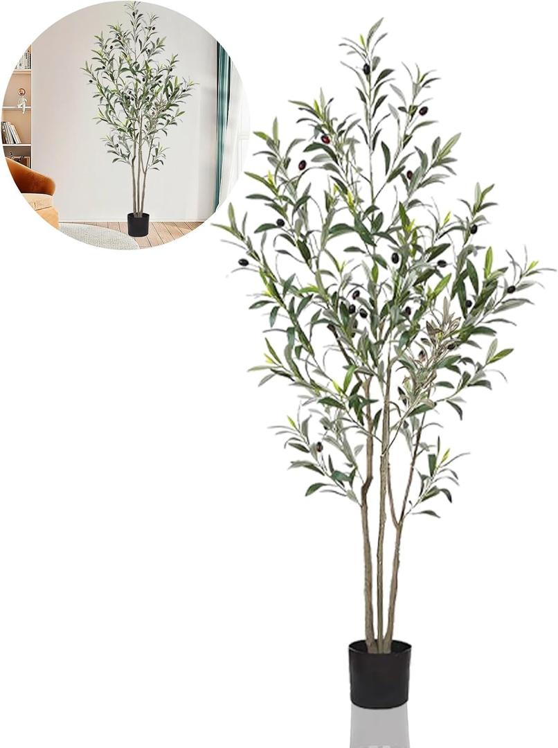 DEIKAL Artificial Olive Tree 6FT Tall Faux Silk Plant for Home Office Decor Indoor Fake Potted Tree with Natural Wood Trunk and Lifelike Fruits