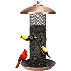 Mesh Tube Bird Feeders for Outdoors Hanging, All Metal, Wild Bird Feeder for Sunflower Seeds or Mealworm, Large Tray & Weatherproof Roof, 2.5 lbs Capacity (Antique Copper)
