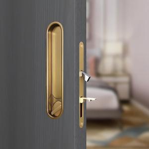 Privacy Pocket Door Lock Hardware,Recessed Sliding Door Handle with Lock,Hidden Door Lock with Door Edge Pull Fit for 1-9/16" to 1 3/4" The Thickness of Wooden Door (Gold)