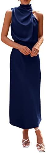 PRETTYGARDEN Women's 2025 Summer Satin Dress Elegant Sleeveless Mock Neck Cocktail Party Maxi Dresses (Dark Navy, Small)