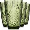 Green Drinking Glasses Set of 4, 12 oz Hand-Pressed Vintage Drinking Glasses, Deep Textured Antique Glassware, Fern Embossed Highball Tumblers, Colored Boho Glass Cups, Retro Style Drinkware Gift Set