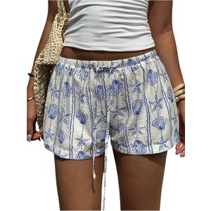 Women's Boho Beach Vacation Summer Mini Shorts Drawstring Waist Graphic Casual Lounge Shorts (Medium, Multicolor)