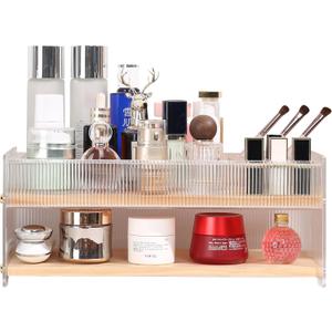 Makeup Organizer with Brush Holder for Vanity, Skincare Organizer Jewelry Storage, Cosmetics Storage and Display Case, Make Up Holders and Organizers for Countertop, Easy For Store Skincare (Pine Wood with Lipstick Holder)