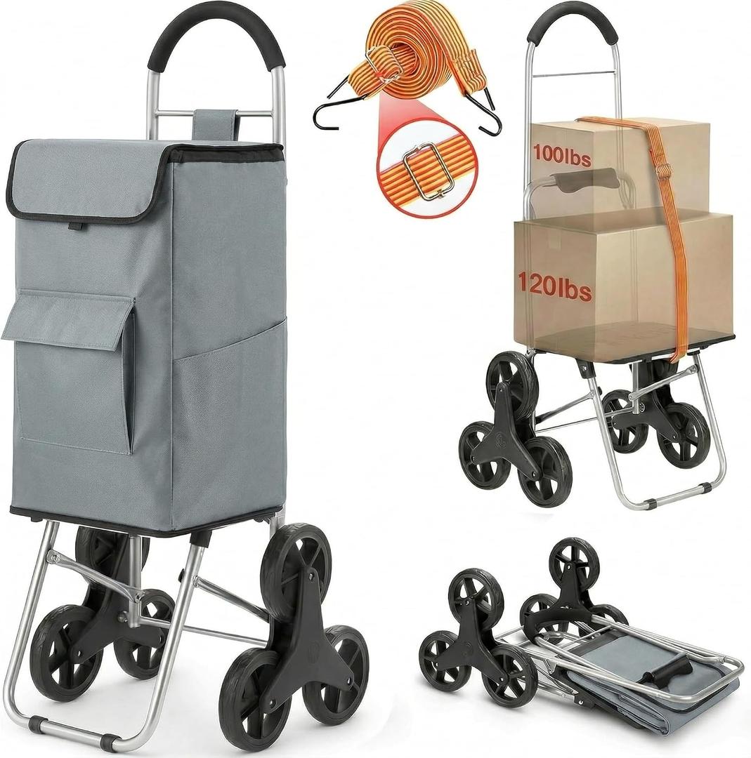 Shopping Cart, Super Loading Stair Climber 220 lbs Capacity, Grocery Foldable Trolley with Extra Large Shopping Bag Laundry Utility Cart with Adjustable Bungee Cord (Gray)