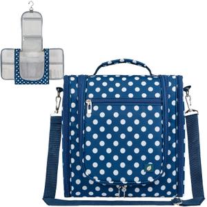 PAVILIA Extra Large Toiletry Bag Travel Bag for Women Men, Hanging Cosmetic Organizer, Water Resistant Makeup Bag for Accessories Toiletries, Travel Essentials Kit (Navy Polka Dot)