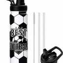 Soccer Water Bottle, 24 oz Insulated Stainless Steel Sports Bottle with Straw, Soccer Stuff Gifts for Boys