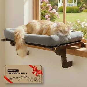[Ready to Gift] PURRHOUSE Cat Window Perch with Cushion Bolster and Cool Pad, Cat Hammocks for Windows with Wood & Robust Metal Frame for Large Cats, Beds for Windowsill, Bedside and Cabinet,24''W