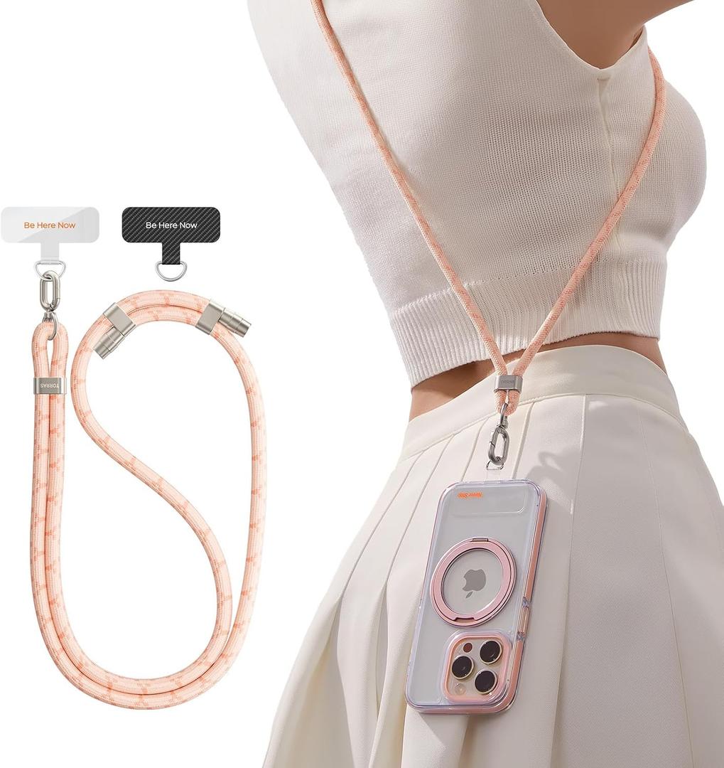 TORRAS Phone Lanyard Crossbody with 2 Phone Tabs, Adjustable Anti Theft Phone Strap for All Phones, Premium Metal Buckles, Skin-Friendly, Universal Cell Phone Neck lanyard for Women and Men, Pink