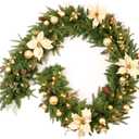 AMERZEST Pre-lit 9ft Christmas Garland with Gold Berries and Balls, Pine Cone, Golden Flower and 50 Battery Operated Soft White LED Lights with Timer, Artificial Holiday Decoration Door Outdoor