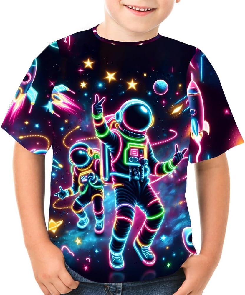 Boys Girls 3D Graphic Tees Unisex Short Sleeve T Shirt Novelty Neon Shirts for Boys 5-14 Years (Black)