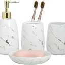 Bathroom Accessories Set 4Pc Ceramic White with Gold Marble Pattern Lotion Soap Dispenser, Toothbrush Holder, Tumbler,soap Dish Bathroom Decor and Gift for Vanity Counter top