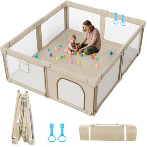 Foldable Baby Playpen: 79 x 71 Super Large Playpen for Babies and Toddlers - Portable Play Pen for Babies with Breathable Mesh & 2 Pulling Handle - Baby Play Yard for Outdoor & Indoor (Beige)