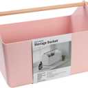 BLUE GINKGO Large Storage Basket  Plastic Caddy with Wooden Handle for Bathroom, Pantry, or Cleaning Supplies (Pink)