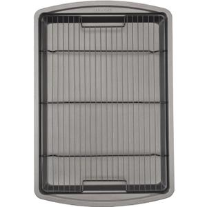 15 X 10.5 Non-Stick Carbon Steel Baking Sheet And Raised Wire Rack  Pizza Crisper, Crispy Bacon, Multi-Purpose Cooking Sheet, Cooling Rack, Kitchen Cookware Set, Dishwasher Safe (Dark Gray)