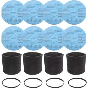 8pcs Reusable Wet Dry 90107 Paper Disc Filter 4pcs 90585 Foam Sleeve Filters for Most 5 Gallon and Larger Branded Wet/Dry Vacuum Cleaners with 4pcs Retaining Bands