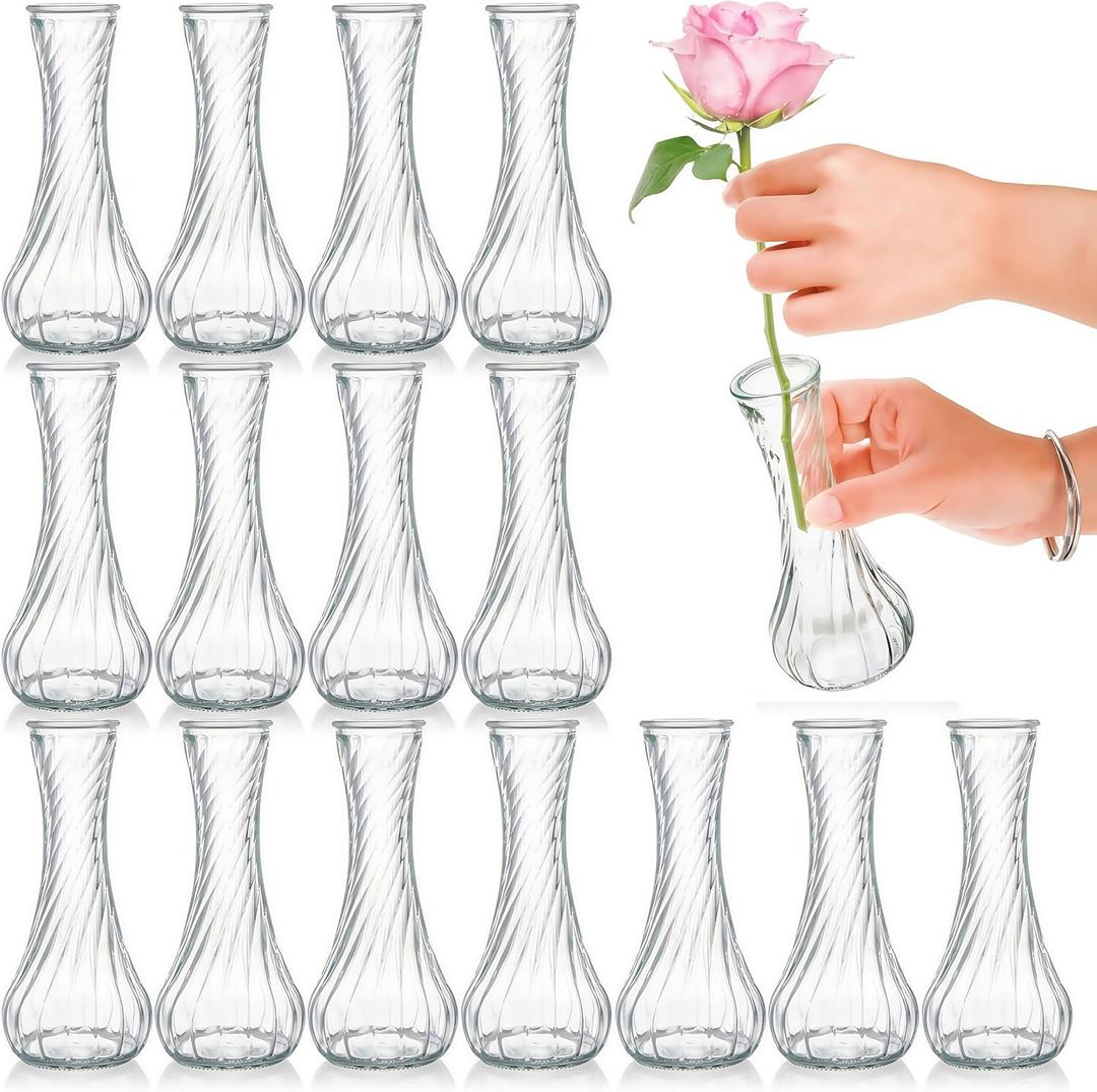 16 Pack Glass Bud Vase, Clear Small Flower Vases in Bulk, Vintage Glass Vases for Centerpieces, Mini Vase Floral Bottle for Rustic Wedding Home Table Decor, Floral Party Arrangements