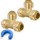 1/2" Push to Connect Tee for PEX, Copper, CPVC Pipe, Lead-Free Brass Plumbing Fitting with Upgraded Stiffener with Disconnect Clip(2 Pack) (1/2"-2Pack)