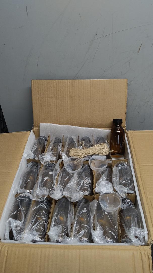 54 Pack 4 oz Amber Glass Bottles, 120ml Boston Round Sample Bottles with Black Poly Cone Caps.