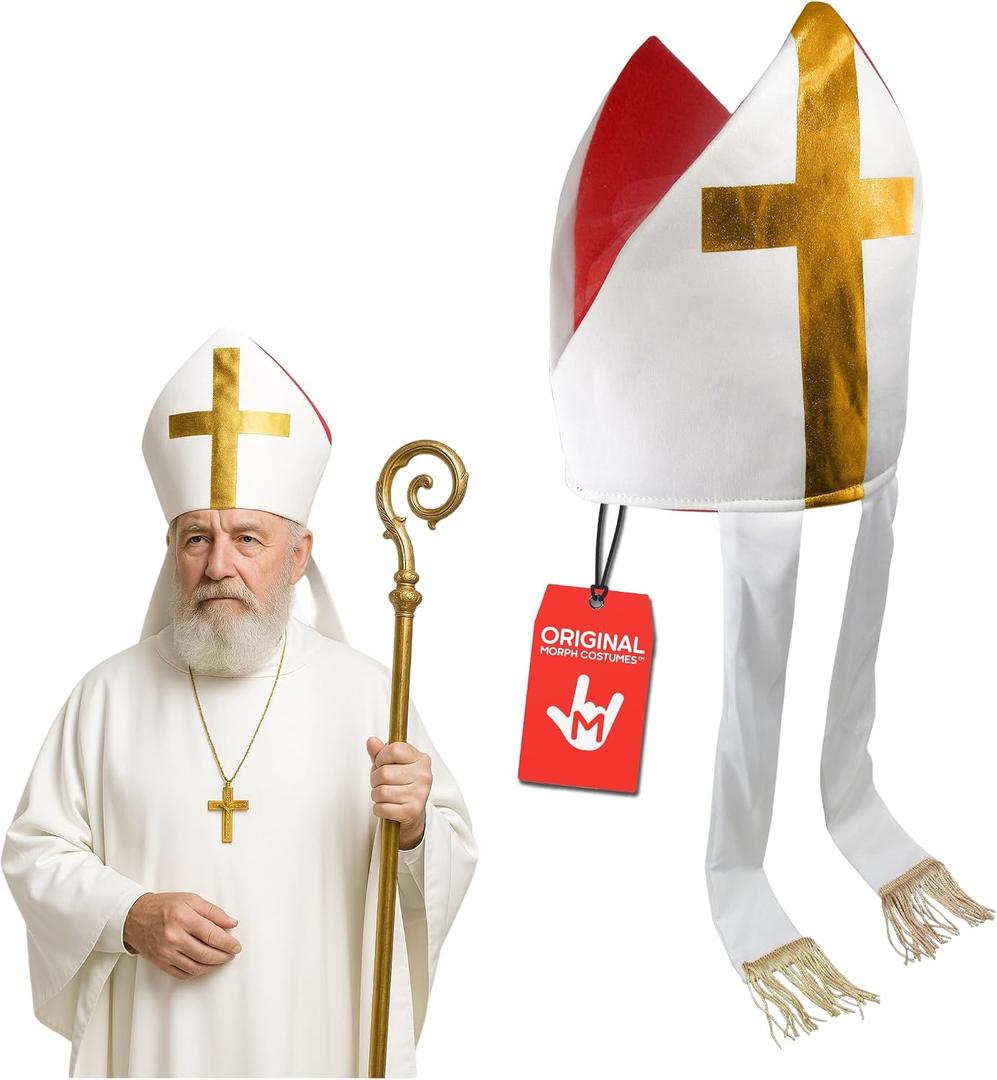 Adult Bishop Hat - Catholic Cardinal Priest Pope Hats - Saint Mitre Halloween Costume Accessory, Red White, One Size