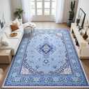 Tepook Large Washable Area Rug for Living Room, 8x10 Bright Blue Boho Rugs for Bedroom, Non-Slip Thin Low Pile Vintage Throw Carpet for Office Dining Room Kitchen Home Decor