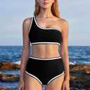 MOOSLOVER Women Whip Stitch Bikini Sets One Shoulder High Waisted 2 Piece Swimsuit Summer Beach Swim Bathing Suits (Black, M)