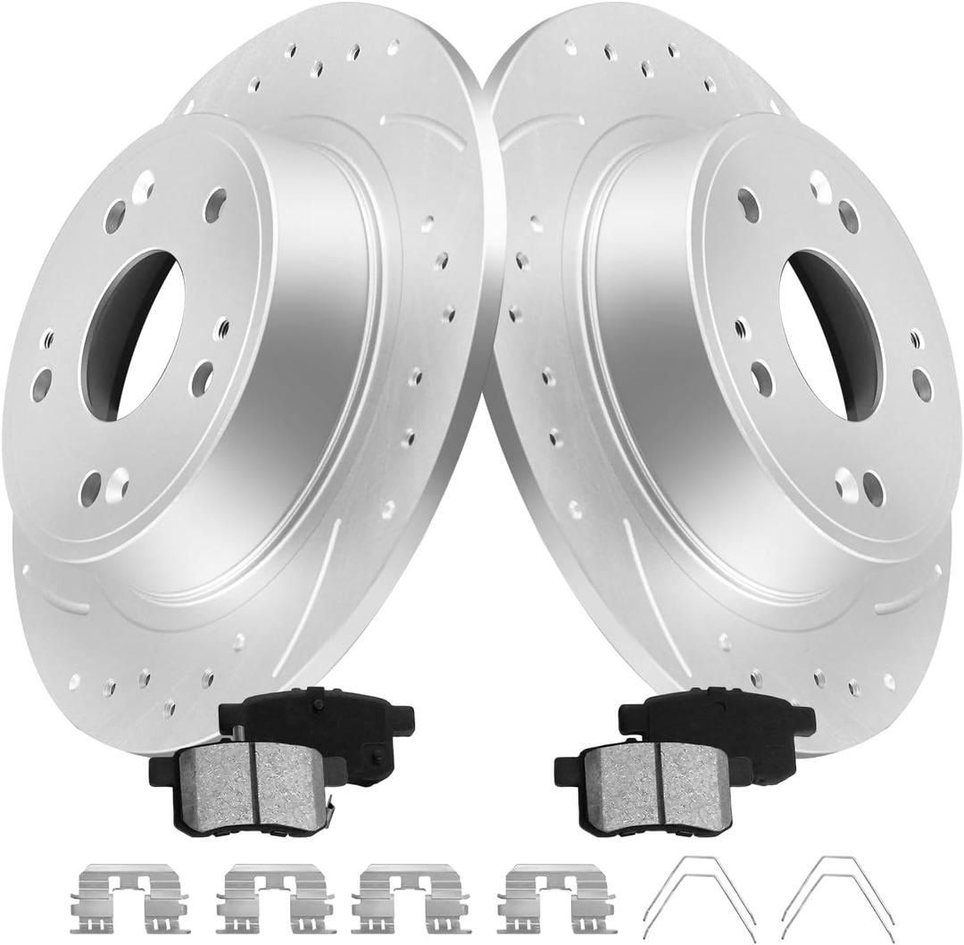 MOTOREVO Rear Geomet Coated Brake Rotors Kit for Accord 2008-2017 High-Carbon Alloy Drilled and Slotted Automotive Performance Back Brake Discs(281.7mm 11.1in) with Ceramic Brake Pads Universal Fit