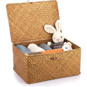 Hipiwe Wicker Shelf Baskets Bin with Lid, Handwoven Seagrass Basket Storage Bins Rectangular Household Basket Boxes for Shelf Wardrobe Home Organizer, Caramel X-Large