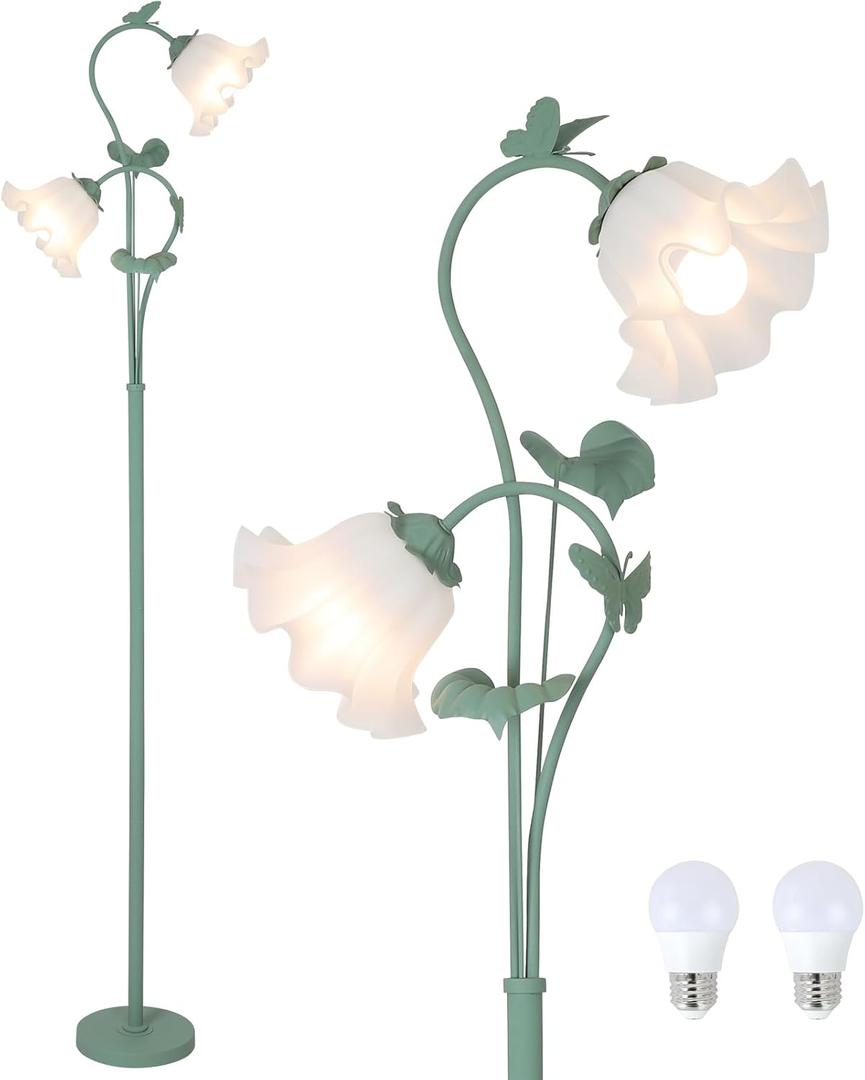 HMVPL Flower Floor Lamp for Living Room, Vintage Floor Lamp with 2 LED 5W Blubs, Foot Switch, Green Standing Lamp with Acrylic Shade, Unique Floral Tall Lamp for Living Room Bedroom Corner Office