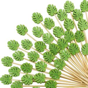 WILLBOND 200 Pcs Green Monstera Leaf Cocktail Picks Long Toothpicks for Appetizers Summer Cocktail Skewers Disposable Fancy Bamboo Food Sticks for Summer Spring Holiday Birthday Party Decoration