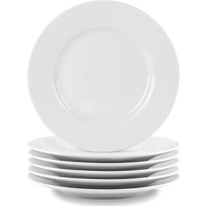 bestone 8 Inch Porcelain White Salad Plates Set, Porcelain Dessert/Salad Plate Classic Round with Wide Rim, Lead-Free, Dishwasher, Microwave, Freezer, Oven Safe, for Everyday Use-Set of 6