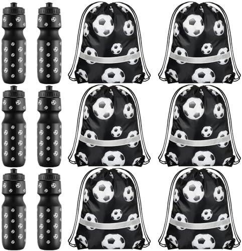 Talltalk 12 Pcs Soccer Party Favors 24 oz Soccer Water Bottle Gift for Team with Drawstring Bag Tumbler Cup Sports Themed Accessories for Event Gift Supplies