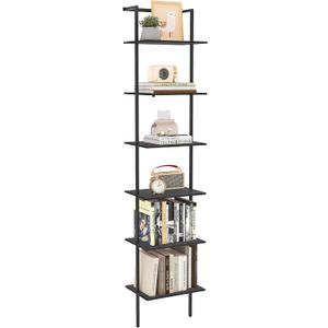 6-Tier Ladder Shelf, 77 Inches Wall Mounted Ladder Bookshelf with Metal Frame, Wood Tall Open Storage Rack and Display Shelves for Home Office Bedroom Living Room, Black