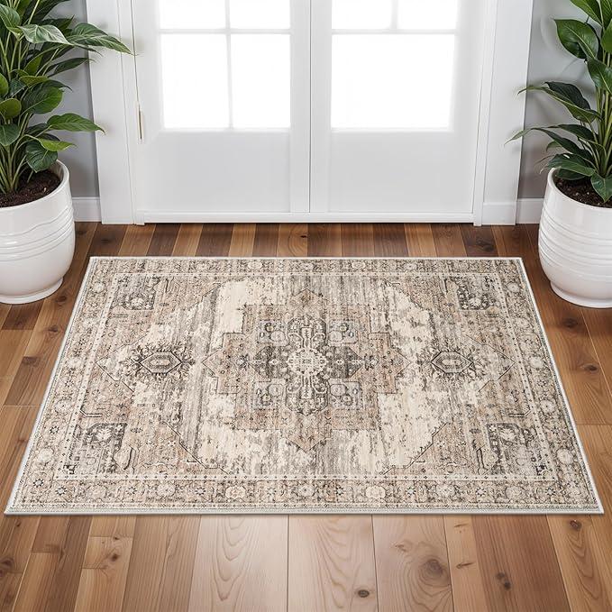 RUUGME Washable 2x3 Area Rugs - Large Boho Rugs for Living Room Stain Resistant Carpet Vintage Tribal Rugs for Bedroom Kitchen Bathroom with Non Slip Backing Home Decor Floor Decoration Mat 2x3 Beige