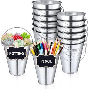 12PCS Small Galvanized Metal Buckets with Handle 12Chalkboard Clips, 5 x 4.5X 2.5 Inch Mini Metal Buckets Bulk Mini Pail Ice for Party Crafts Favors Plant Flower Sand Candy